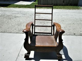 Antique Quartersawn Oak Reclining Morris Chair With Massive Claw Feet & Carvings 6