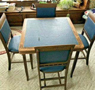 Vintage Wood Folding Card Table W/4 Chairs Padded Seats Back Tiny House