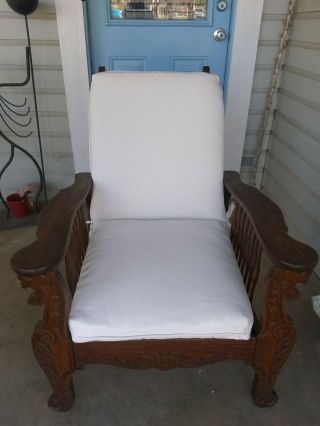 Antique Morris Recliner Chair With Carved Lion 