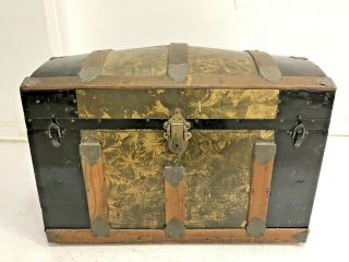 Vintage Steamer Trunk Storage Chest Camelback Humpback Brown Antique Box Gold