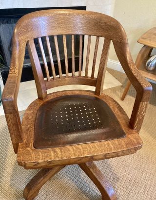 Vtg Gunlocke Antique Mission Tiger Oak Wood Banker Office Swivel Tilt Arm Chair 4