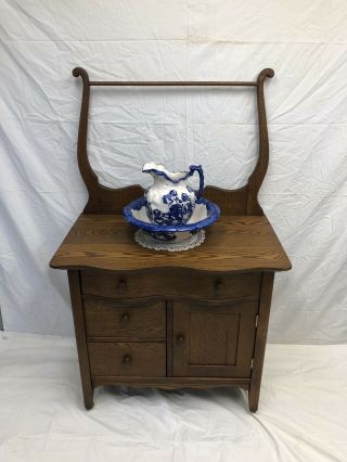 Antique Oak Washstand Commode With Towel Bar Serpentine Front Top Drawer