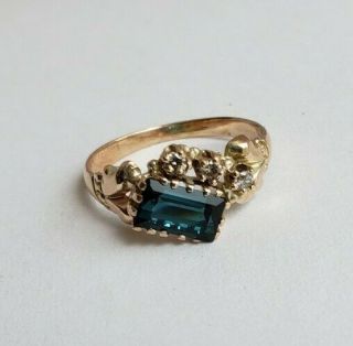 Antique 14k Yellow Gold Victorian Blue Tourmaline And Diamond Ring Sz 5