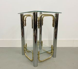 Mid Century Modern Hollywood Regency Style Brass & Glass Silver End Table 2 Tier