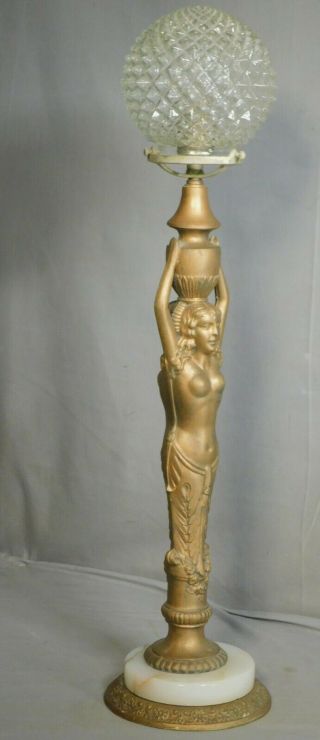 Vintage 1925 Antique Metal Art Deco Figural Nude Female Lamp Onyx Ball Globe