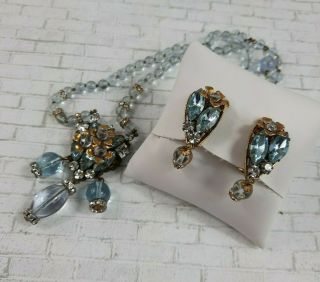 Vtg Demario Ny Pale Blue Glass Bead Rhinestones Flower Dangles Necklace Earrings