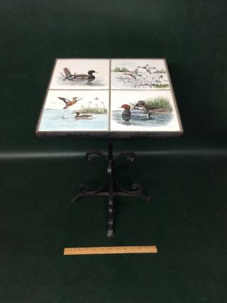 Antique Wrought Iron Tile Top Table With Artist Signed Scenic Duck Tiles