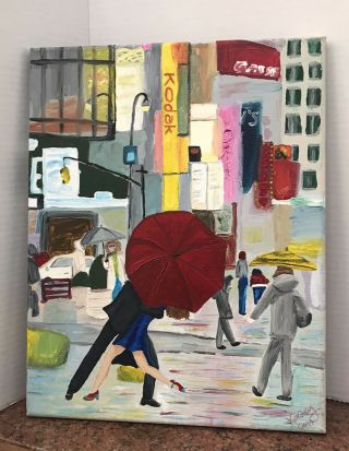 Cityscape Red Umbrella Times Square Ny City Ooc Oil Kasey Carr Signed 11 By 14