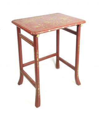 Antique English Queen Anne Chinoiserie Red Lacquer Gold Gilt Tea Table Floral