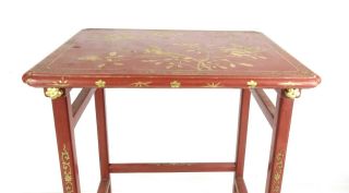 Antique English Queen Anne Chinoiserie Red Lacquer Gold Gilt Tea Table Floral 3