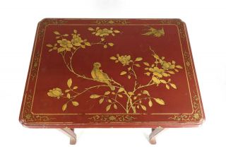 Antique English Queen Anne Chinoiserie Red Lacquer Gold Gilt Tea Table Floral 4