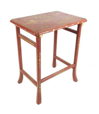 Antique English Queen Anne Chinoiserie Red Lacquer Gold Gilt Tea Table Floral 6