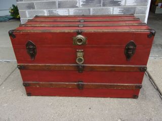 Antique Wood & Metal Flat Top Steamer Trunk Coffee Table Chest Storage Blanket