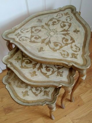 Vtg.  3 Sided Set Of 3 Gold Italian Florentine Carved Wood Nesting Tables Italy