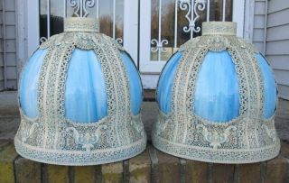 Pair Vintage Hollywood Regency Filigree Metal Blue Slag Stained Glass Lamp Shade