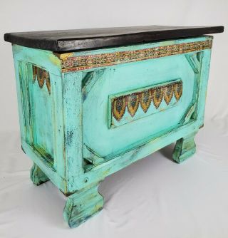 Vintage Storage Chest Trunk Hand Painted Aqua Solid Wood Bohemian Moroccan