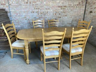 Solid Pine Extending Dining Table With 6 Matching Chairs Upholstered In Beige An