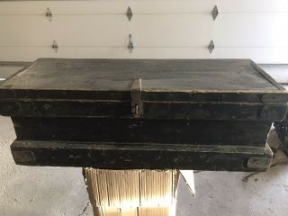 Antique Primitive Carpenters Old Black Paint Wood Tool Trunk Chest Crate Box Vtg