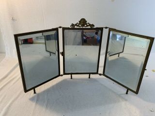 Vintage Victorian Heavy Tri Fold Mirror With Hanging Brass 8 Inch Mirror