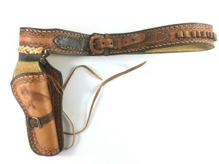 Vtg Tooled Leather Gun Belt With Holster And Bullet Holders 48 " Design