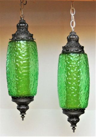Pair Mid Century Modern Green Textured Glass Swag Hanging Lamp Light Diffusers