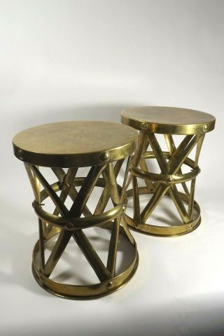 Pair Hollywood Regency Sarreid Ltd Brass Drum Stools Tables Italy Mid Century