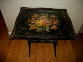 Antique Tole Fire Screen Table Wood Hand Painted Floral 1920 