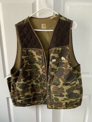 Vintage 90s Carhartt Duck Camo Shooting Hunting Vest Xl Union Made In Usa