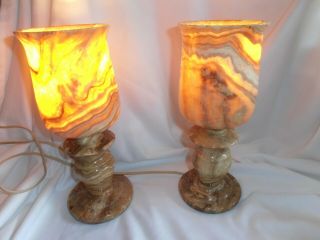 Vintage " Matching Pair " Carved Alabaster Stone Marble Table Lamps