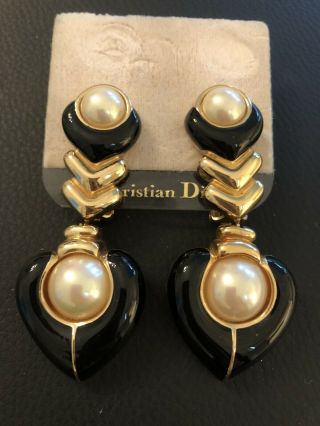 Vintage 80s Couture French Christian Dior Long Drop Dangle Earrings Pearl Enamel