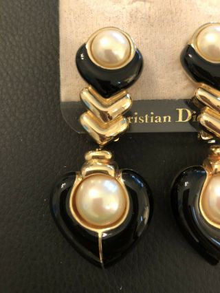 Vintage 80s Couture French CHRISTIAN DIOR Long Drop Dangle EARRINGS Pearl ENAMEL 2
