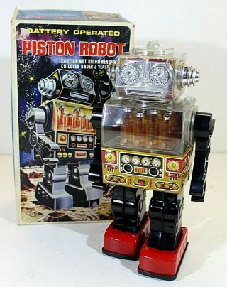 S.  J.  M.  /horikawa Bootleg " Piston Robot " Battery Op.  Vtg,  Tin/plastic Taiwan Mib