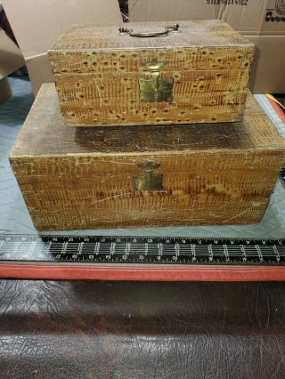 (2) Old Antique Vtg 19th C 1850s Grain Painted Folk Art Wooden Boxes