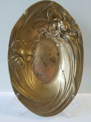 Art Nouveau Fairy/nymph In Trinket Dish Plate Nude Woman & Flowers Antique Brass