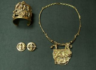 Vintage Brutalist Hand Made Jewellery Set Cuff Bracelet,  Necklace,  Earrings