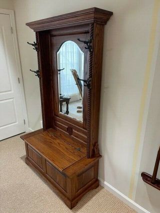 Amish Solid Oak Hall Tree With Storage Bench,  Mirror,  And Coat/hat Hooks