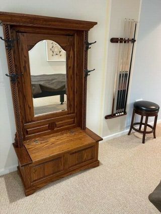 Amish Solid Oak Hall Tree with Storage Bench,  Mirror,  and Coat/Hat Hooks 2