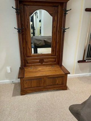 Amish Solid Oak Hall Tree with Storage Bench,  Mirror,  and Coat/Hat Hooks 3