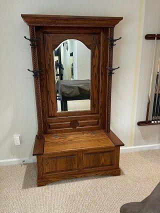 Amish Solid Oak Hall Tree with Storage Bench,  Mirror,  and Coat/Hat Hooks 4