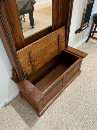 Amish Solid Oak Hall Tree with Storage Bench,  Mirror,  and Coat/Hat Hooks 5