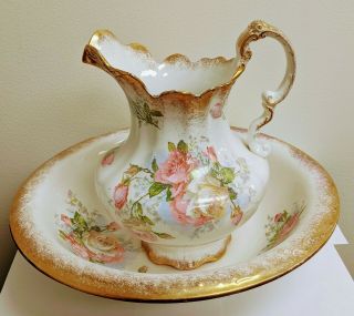 Antique Large Water Pitcher And Wash Basin Bowl Pink Roses Gold Edges