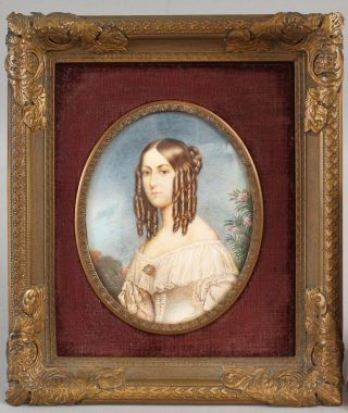 19thC Antique REINHOLD KRAUSS Victorian Young Woman,  Miniature Portrait Painting 2