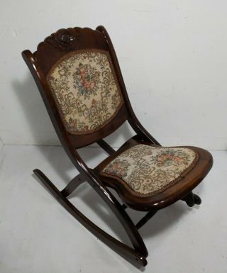 Vintage/antique Needlepoint Tapestry Carved Wood Folding Rocking Chair Victorian