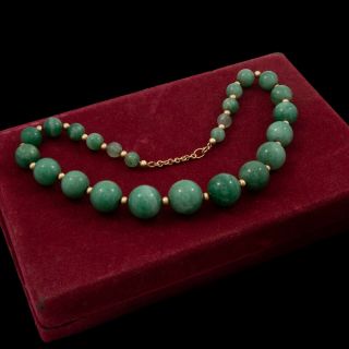 Antique Vintage 12k Deco Gold Filled Gf Chinese Jadeite Jade Bead Necklace 61.  5g
