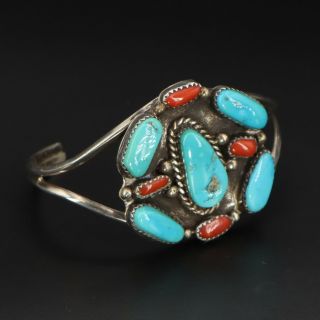Vtg Sterling Silver - Navajo Turquoise Coral Cuff 6 " Statement Bracelet - 24.  5g