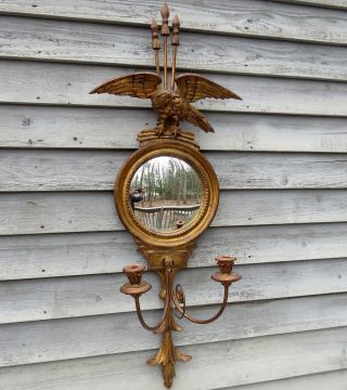 Vintage Hollywood Regency Italian Gilt Carved Wood Eagle Bulls Eye Mirror Sconce