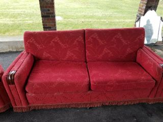 3 PIECE 1940/50 ' s KROEHLER?? LIVING ROOM SUITE,  COUCH & 2 MATCHING CHAIRS RED & 3