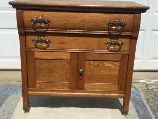 Antique Solid Oak Dry Sink Wash Stand With Harp Towel Bar