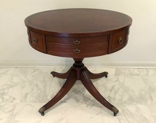 Vintage Mid - Century Regency Mahogany 32” Leather Top Drum Table