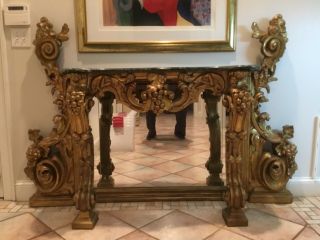 French,  Gilded Table With Green Marble Top And Mirror